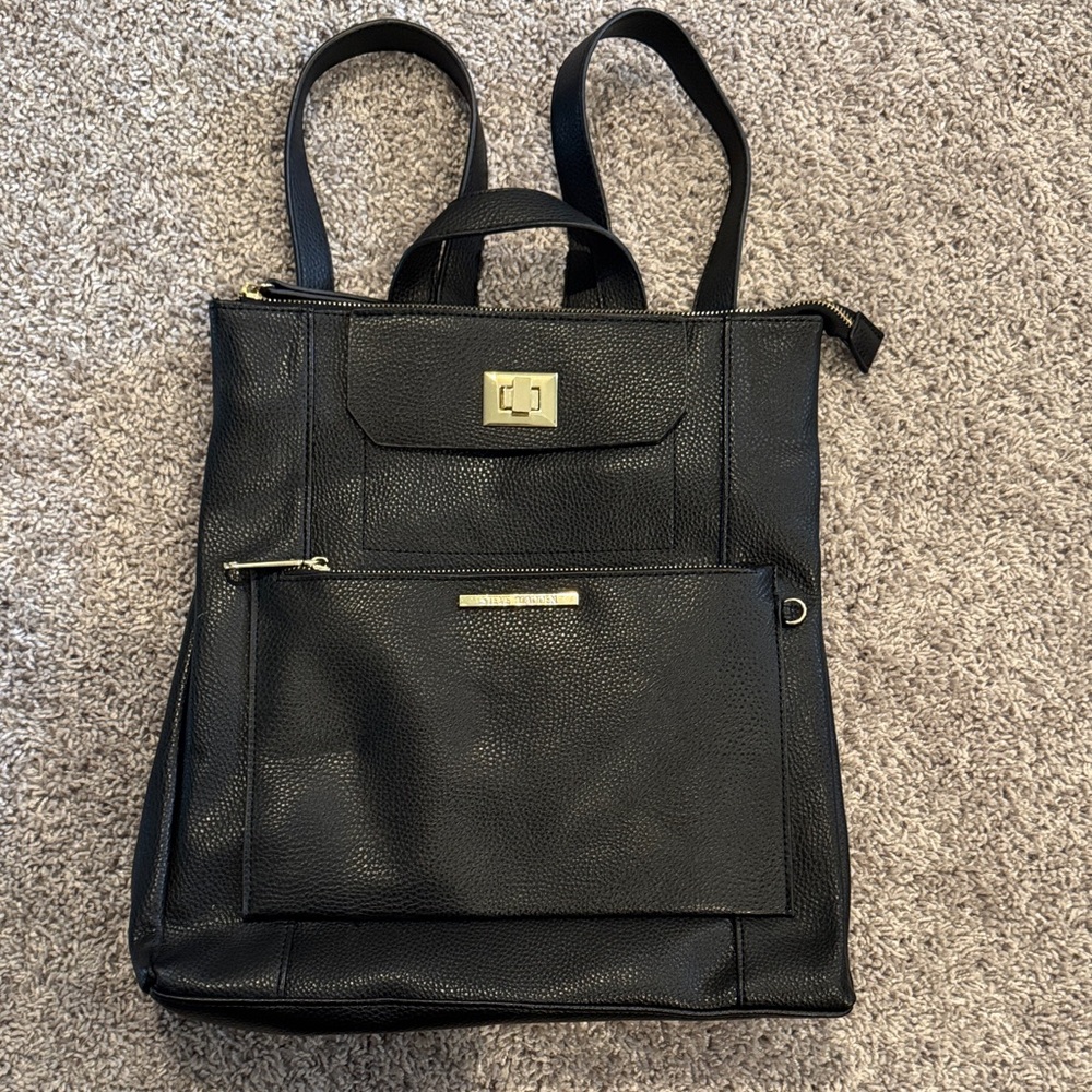 Steve Madden Black Leather Backpack with Gold Accents